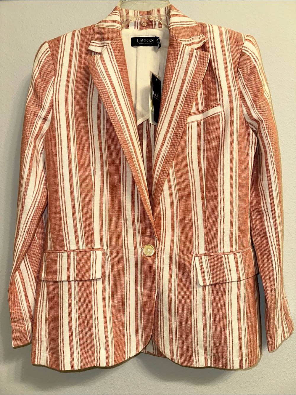 NWT Lauren Ralph Lauren Rust and White Striped Blazer 100% cotton partially line